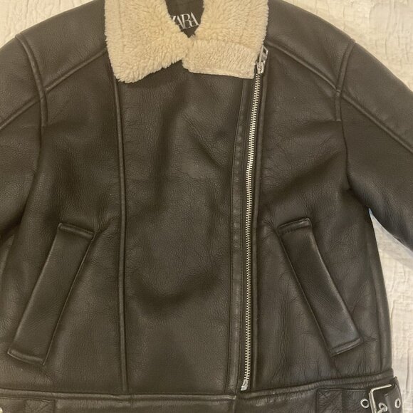 Zara Girls Black Faux Fur Shearling Biker Jacket Zipper Belt Size 8-9 130cm coat - Picture 7 of 16